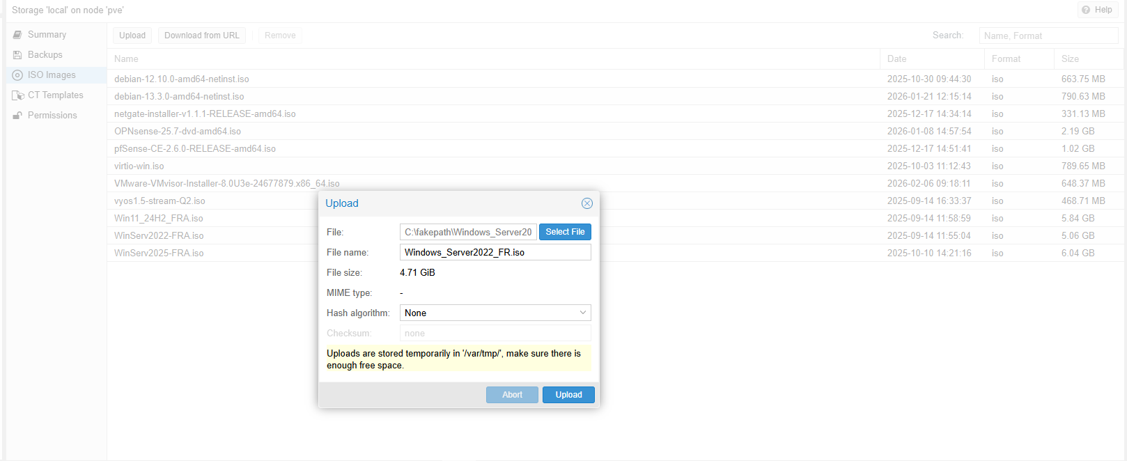 Étape 2 - Upload ISO Proxmox