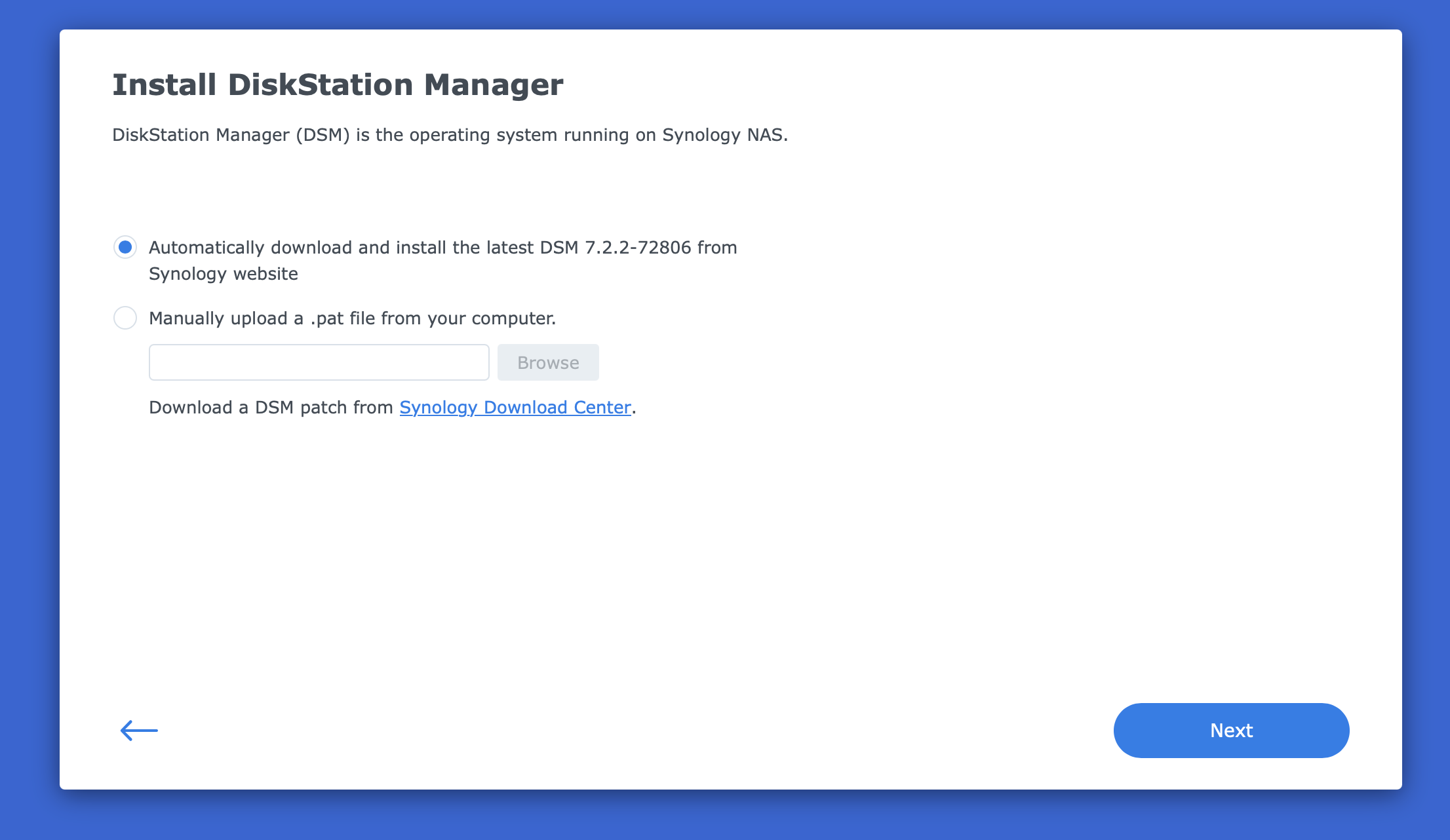 Installation DSM - écran de démarrage