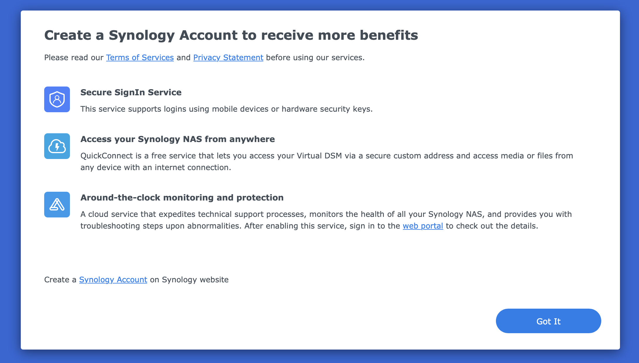 Création d&rsquo;un compte Synology