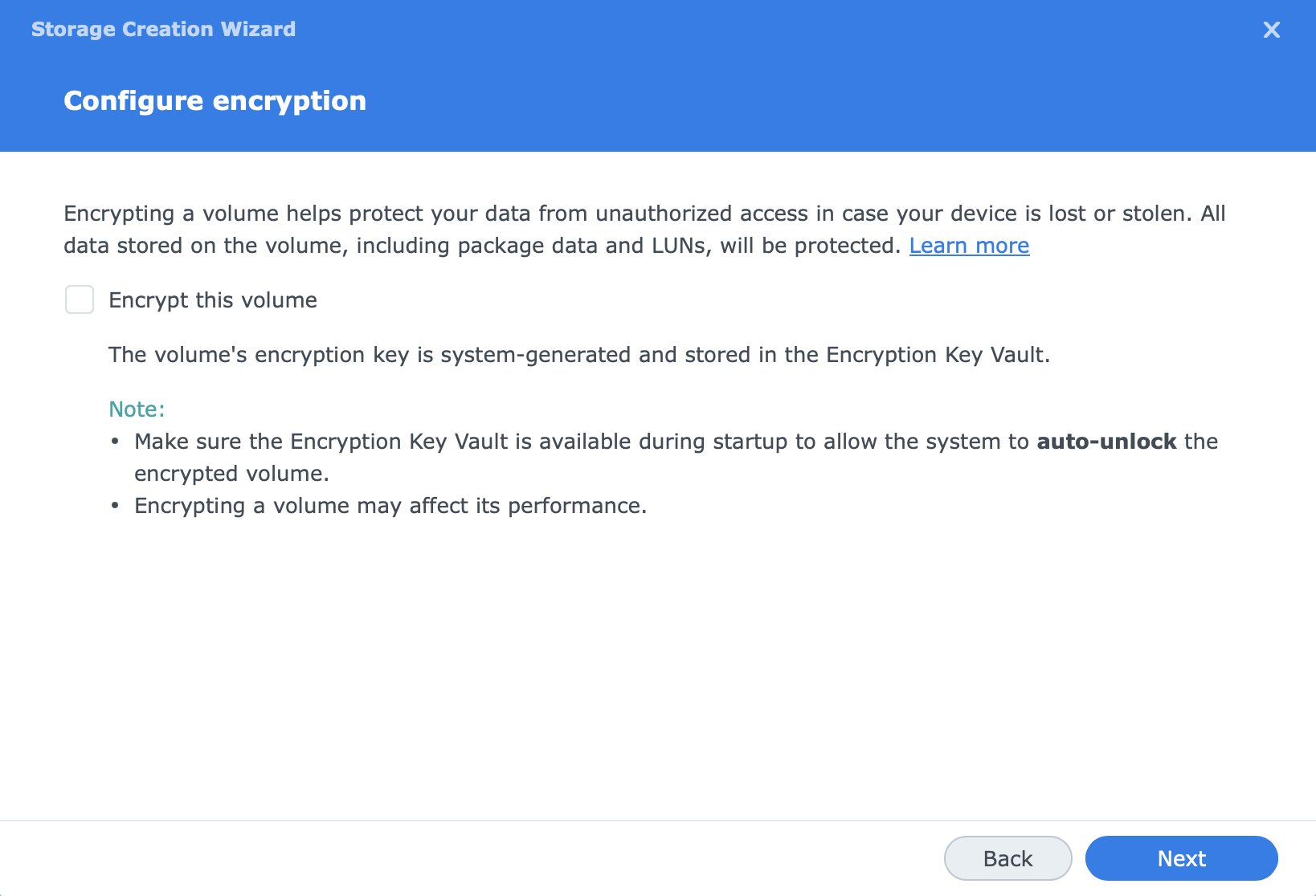 Configuration chiffrement volume