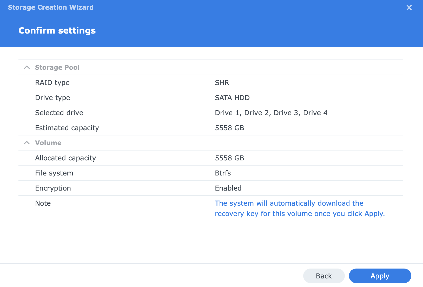 Confirmation paramètres SHR